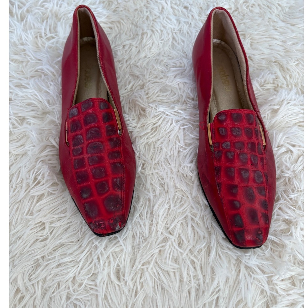 Red Leather Loafers Women's Croc Embossed Square‎ Toe Slip On Dress Shoes
